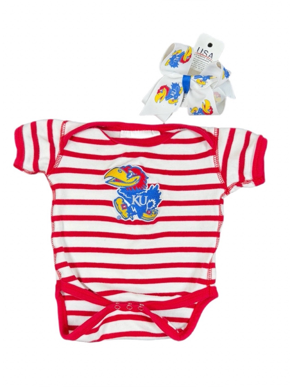 TWO FEET AHEAD Kansas Jay Hawks One Piece with Jay Hawks Bow - NB